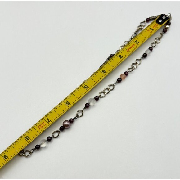 Silver Tone Beaded Chain Necklace Purple Pink Accents Boho - Picture 3 of 7